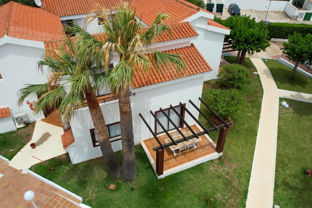 Vista aérea del dúplex con terraza y palmeras