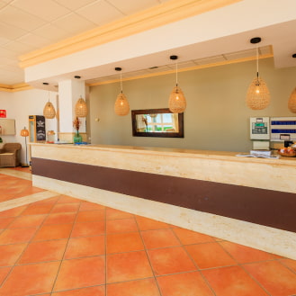 Recepción interior con mostrador y decoración cálida