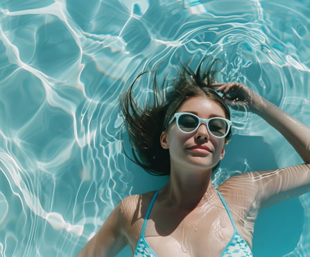 Chica joven con gafas de sol flotando relajada en la piscina